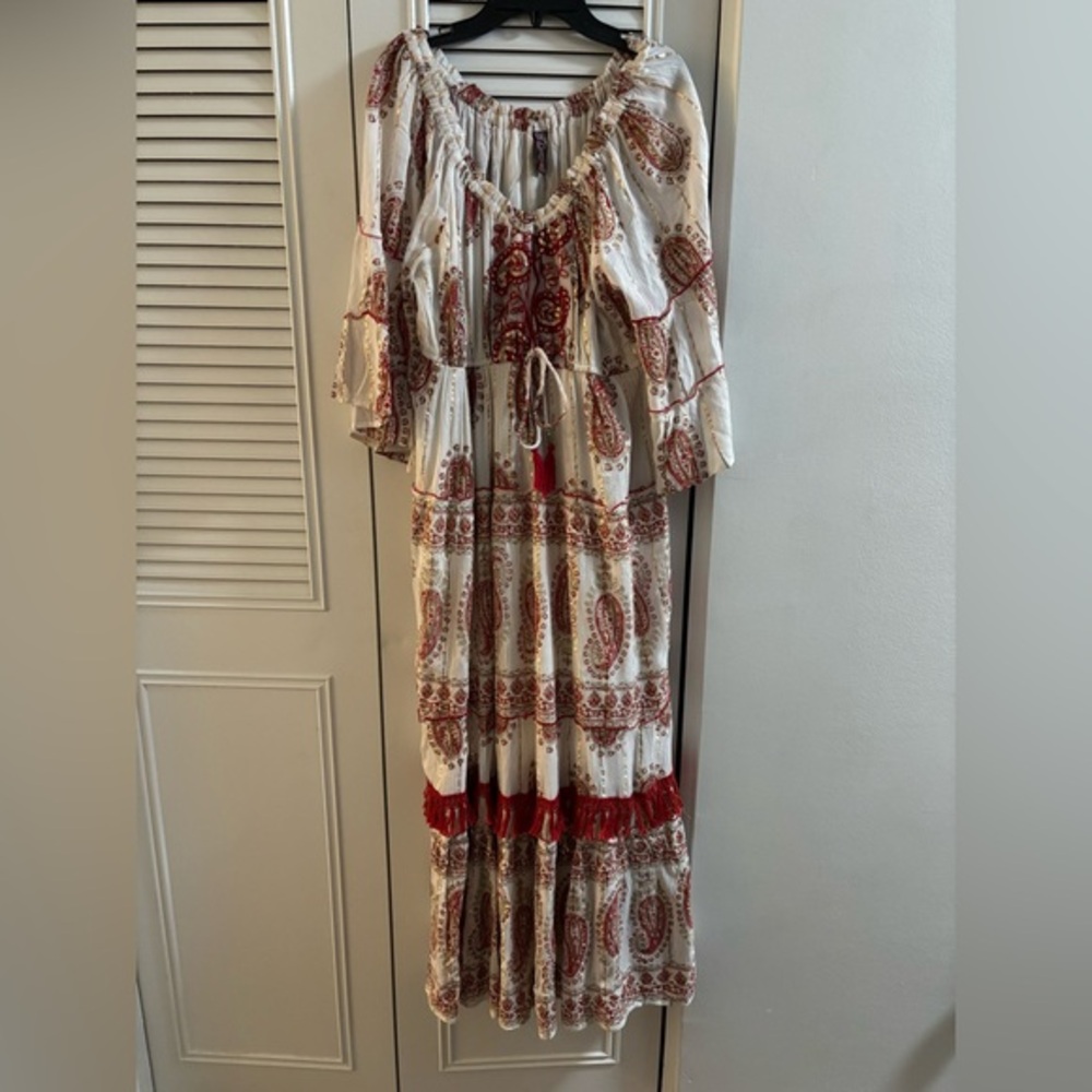 Anthropologie Cream Maxi Dress with Red Paisley Print